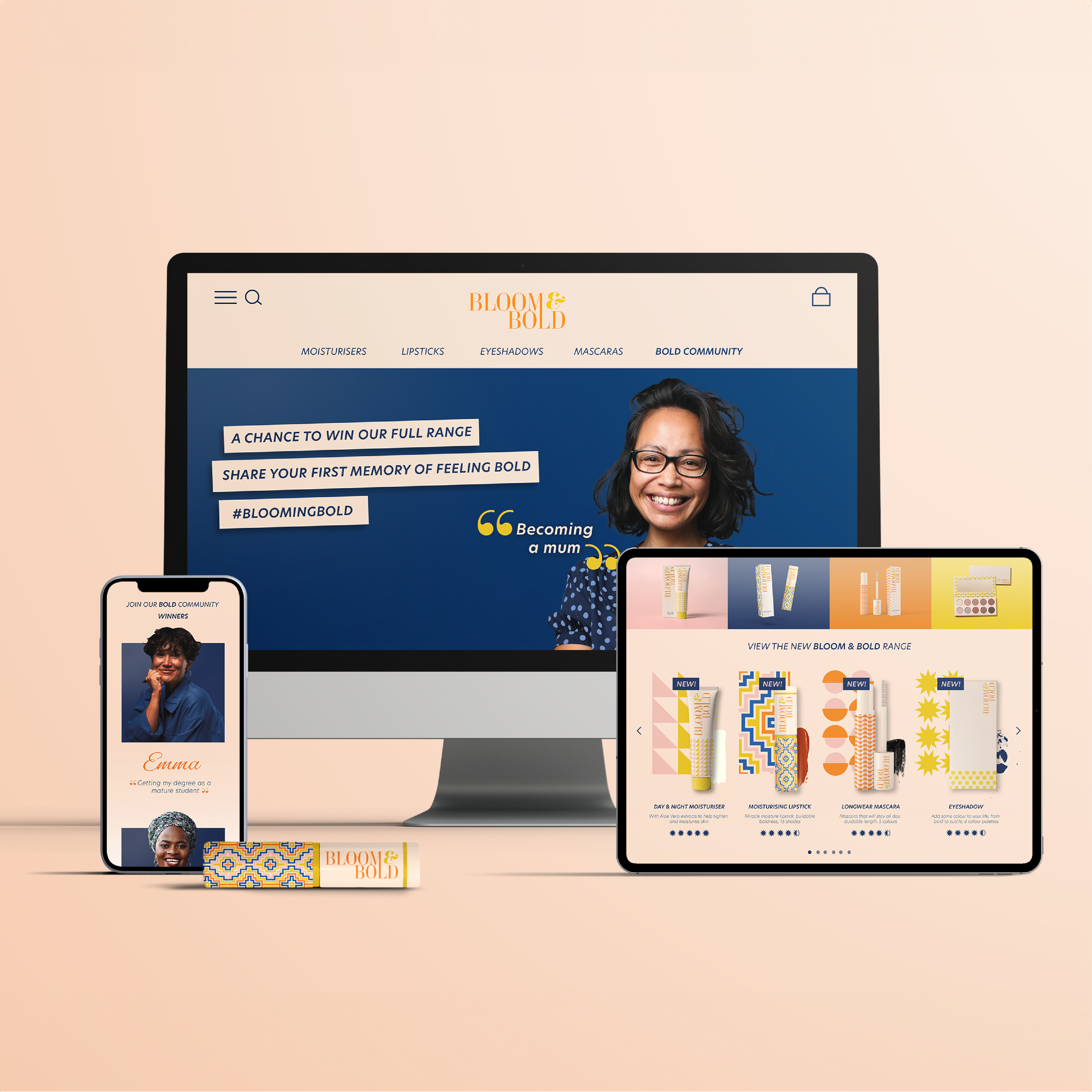 Bloom & Bold Website Design Mock up of responsive website design for make up brand