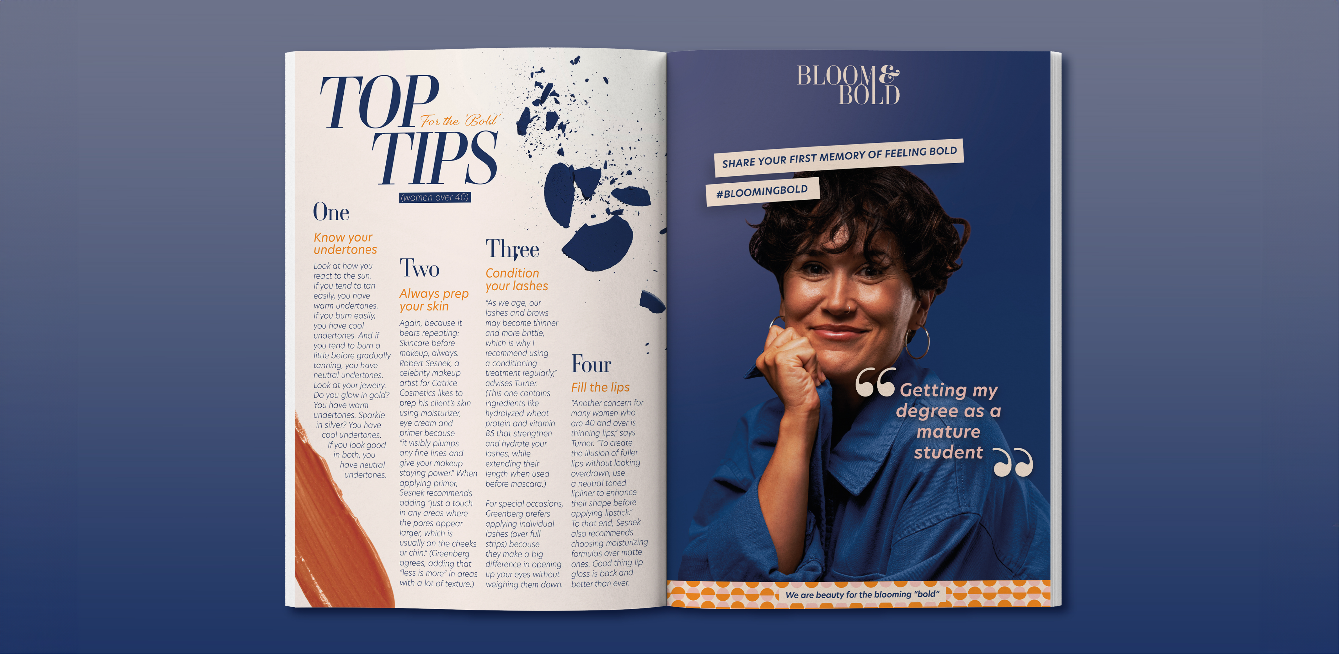 Bloom & Bold Editorial Advert Mock up of editorial spread featuring a make up advert