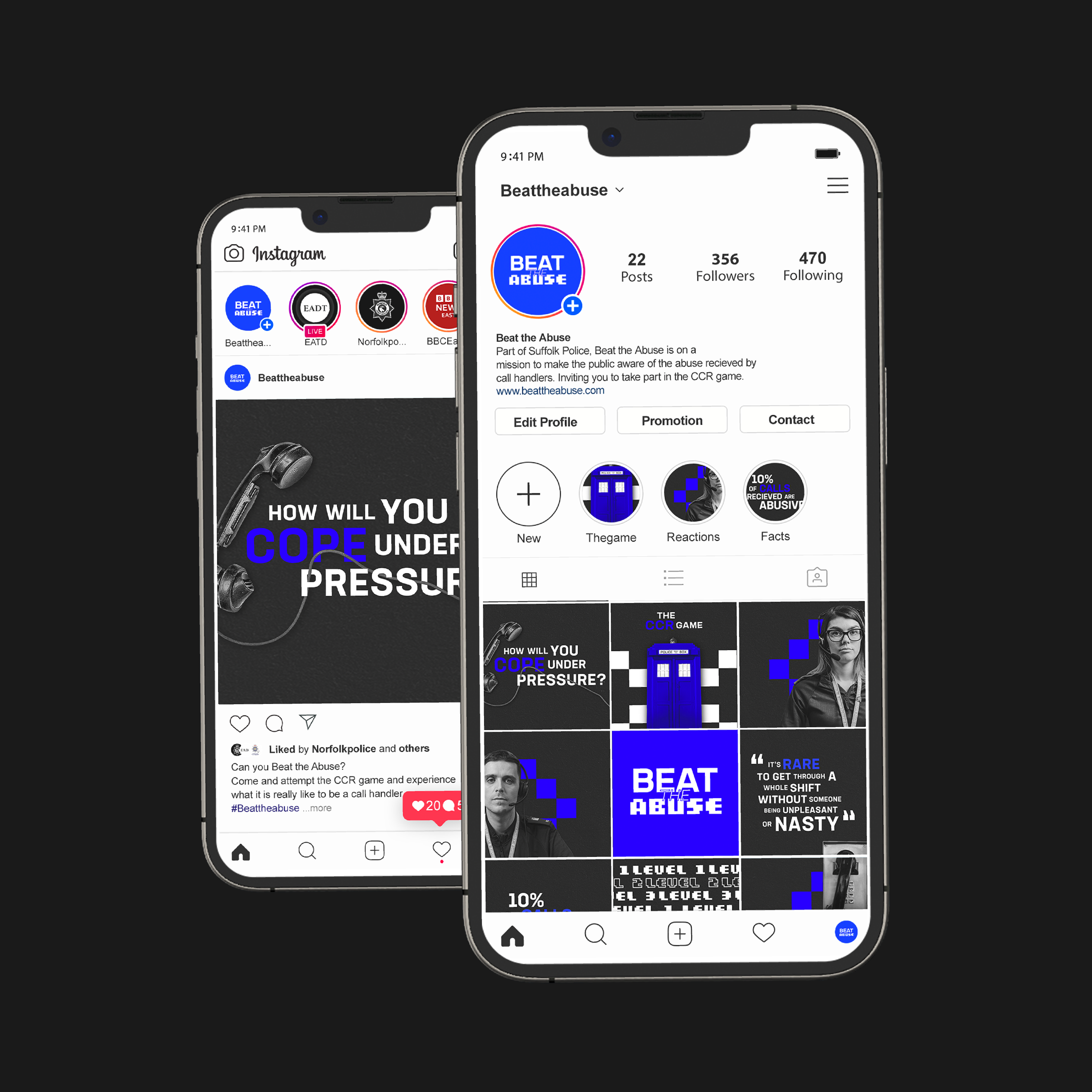 Beat The Abuse Social Media Mock up of 2 phones featuring social media page design
