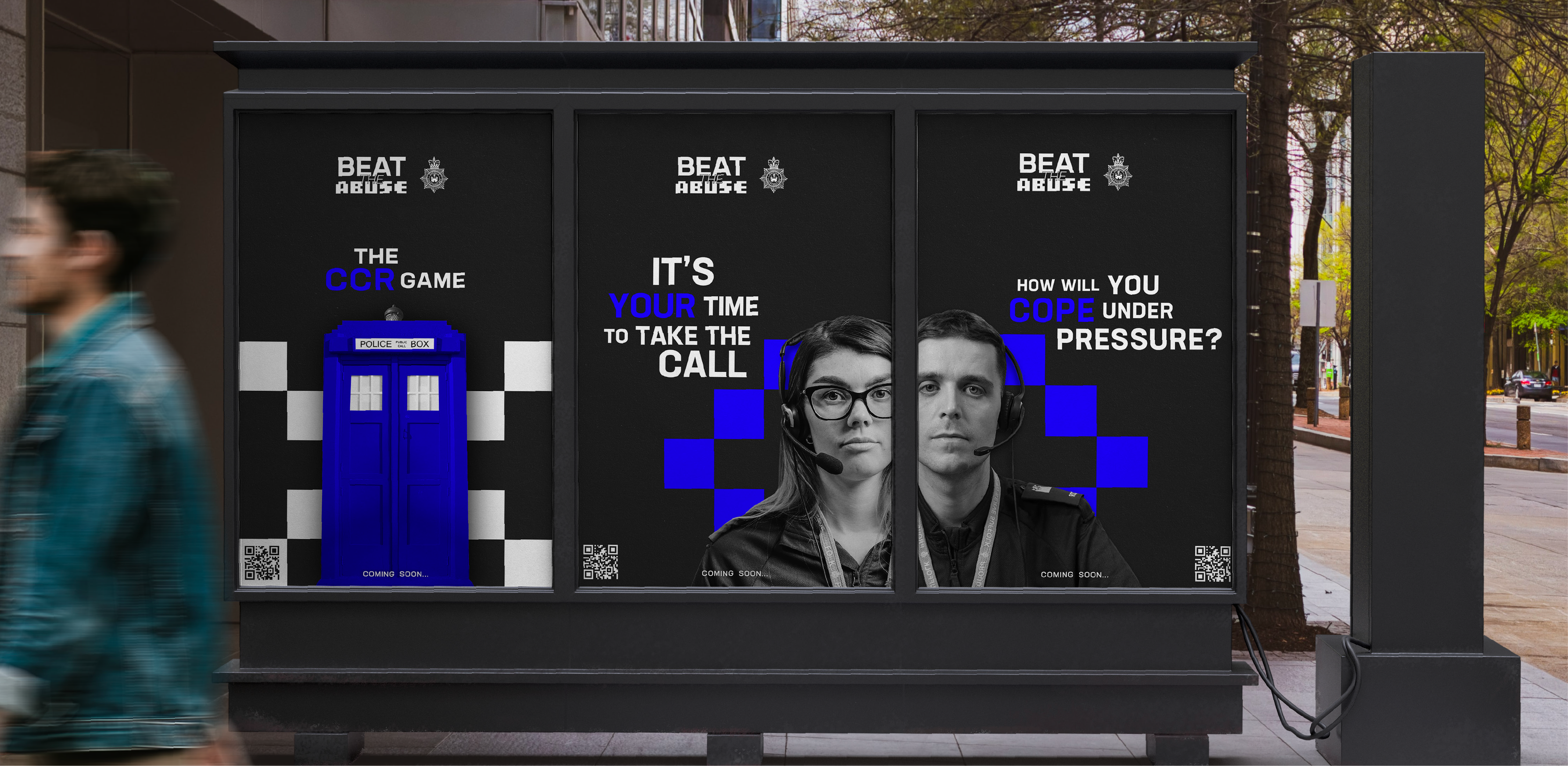 Mock up of 3 high street adverts featuring posters for a police campaign