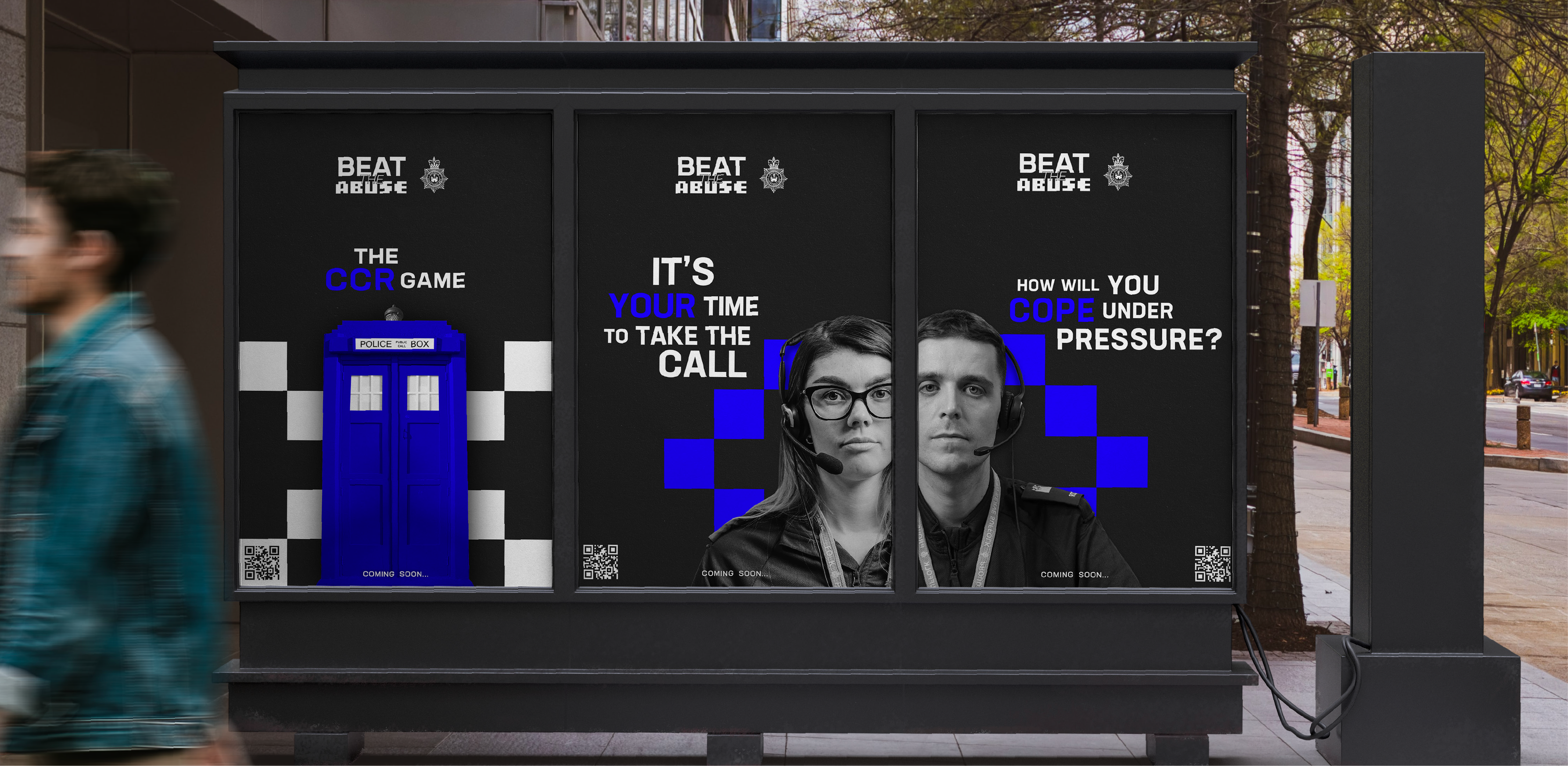 Beat The Abuse Posters Mock up of 3 high street adverts featuring posters for a police campaign