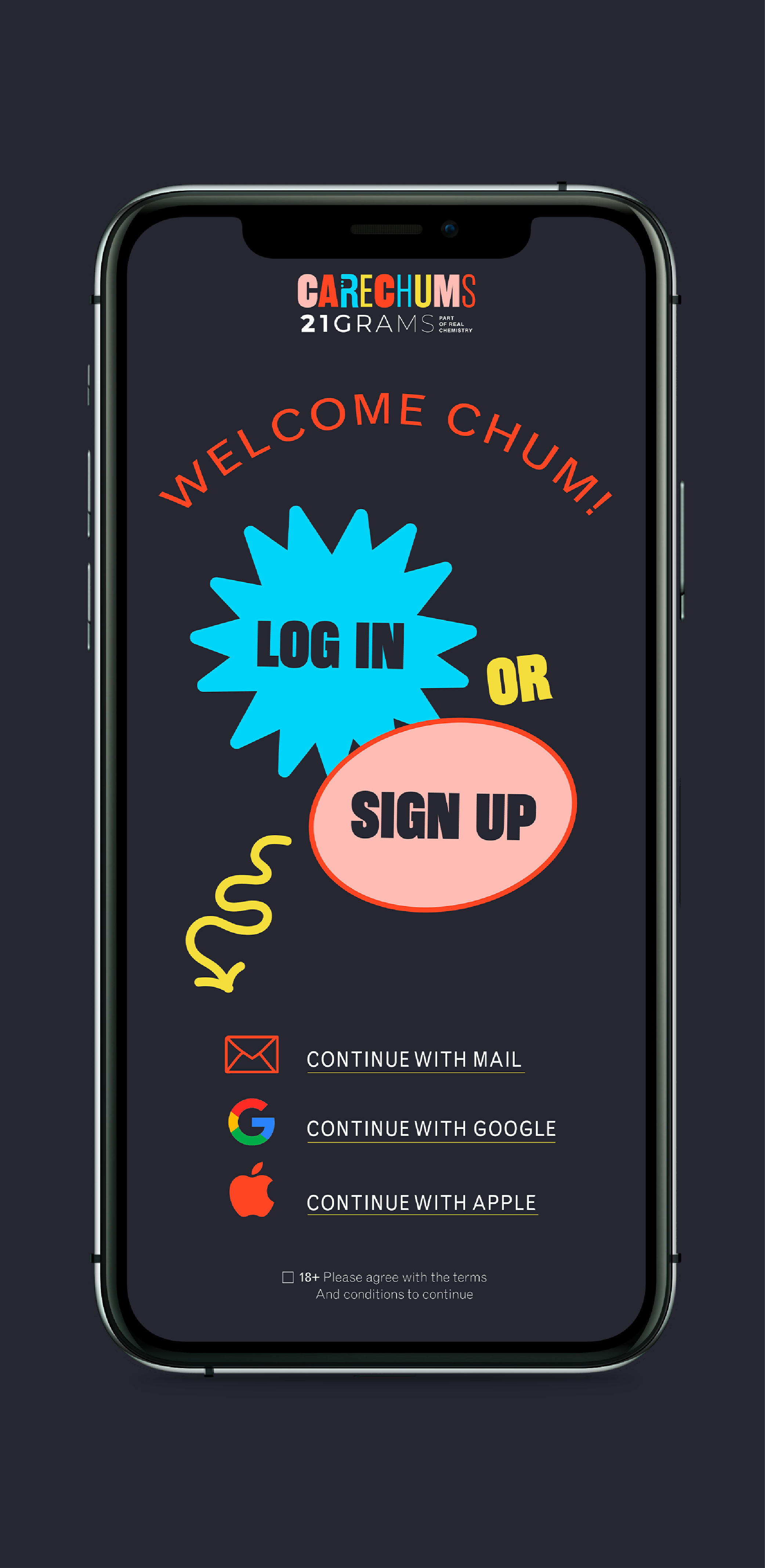 Carechums App Mock up of a phone featuring a page of an app