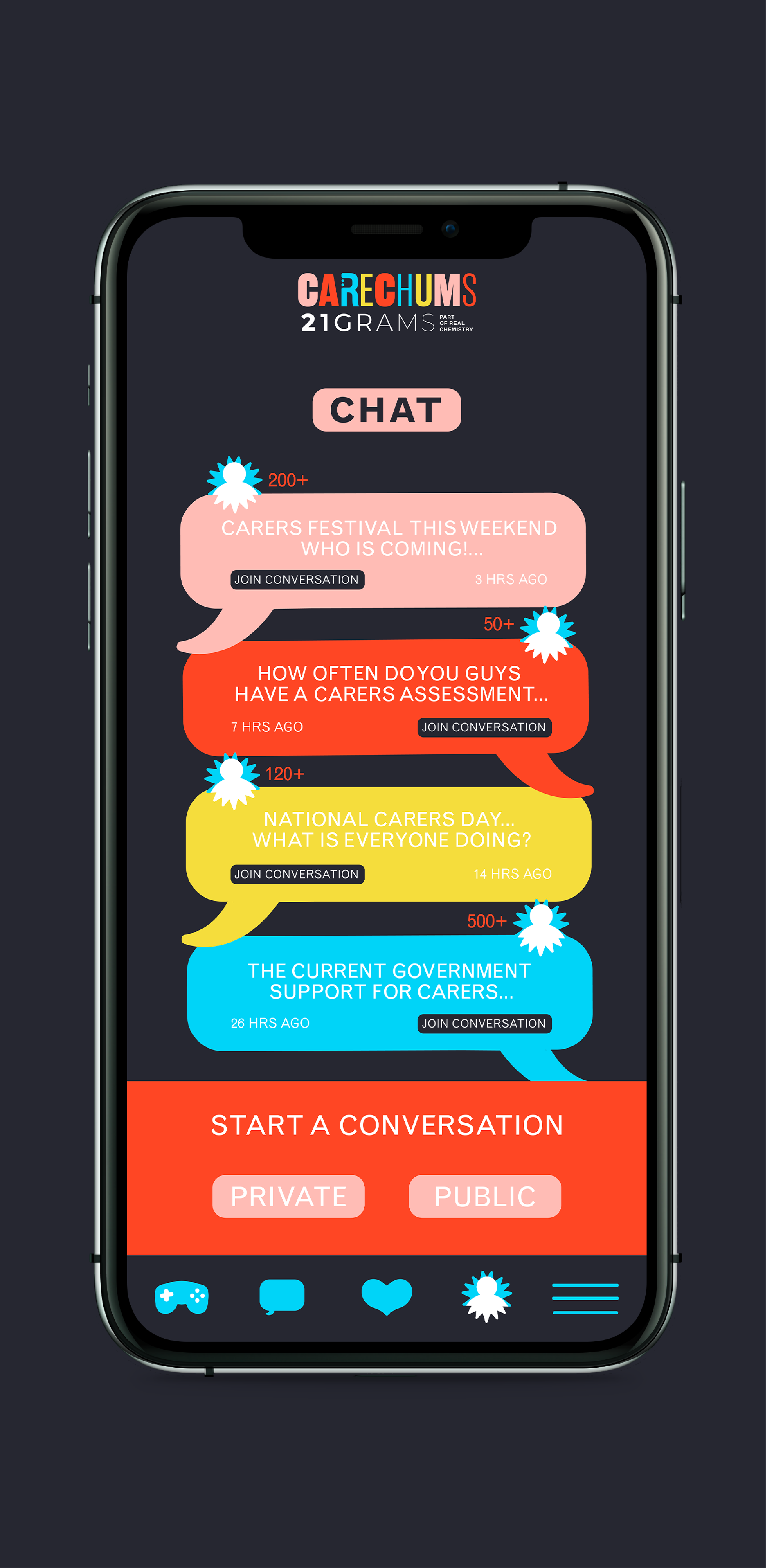Carechums App Mock up of a phone featuring a page of an app