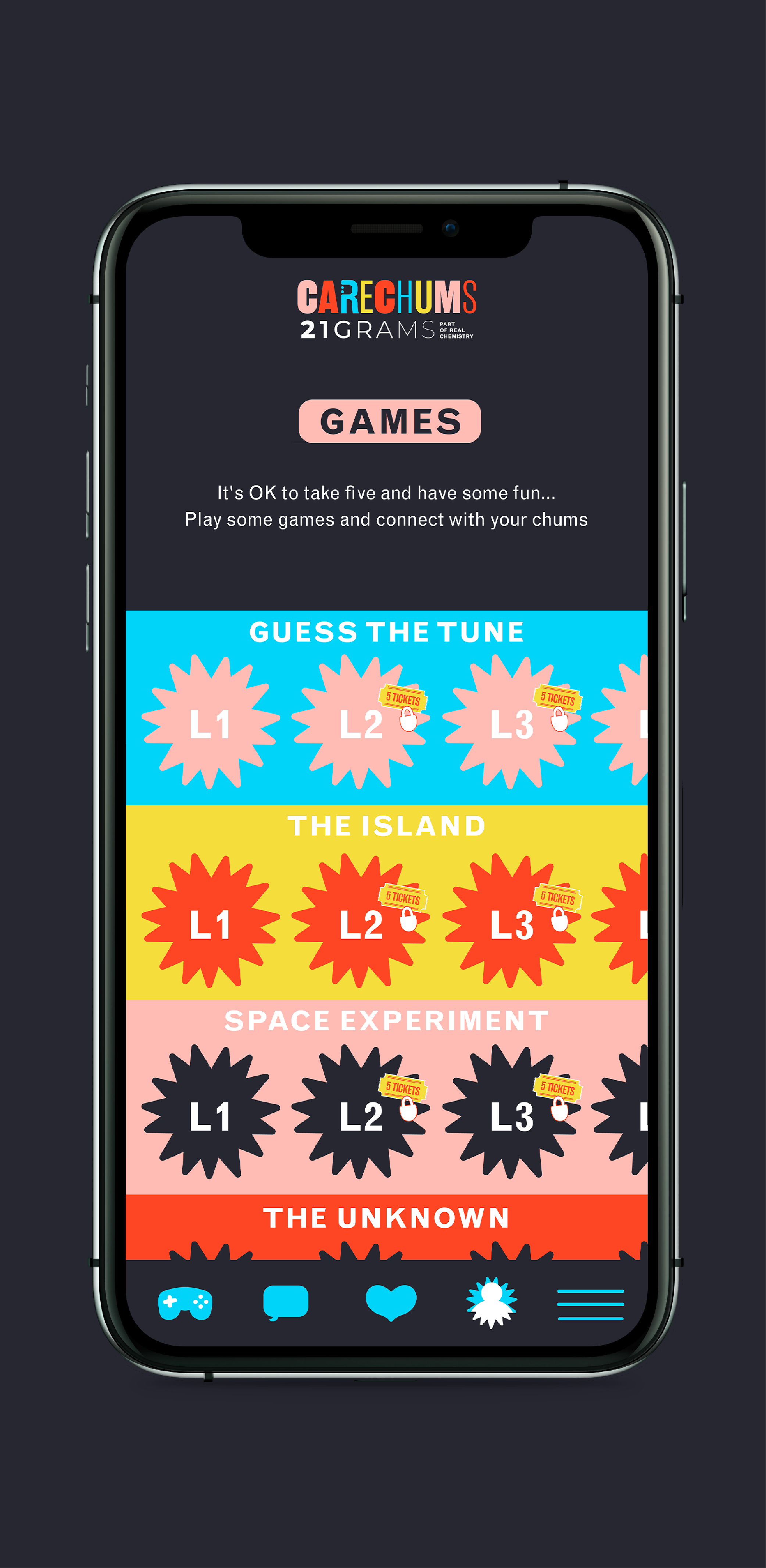 Carechums App Mock up of a phone featuring a page of an app