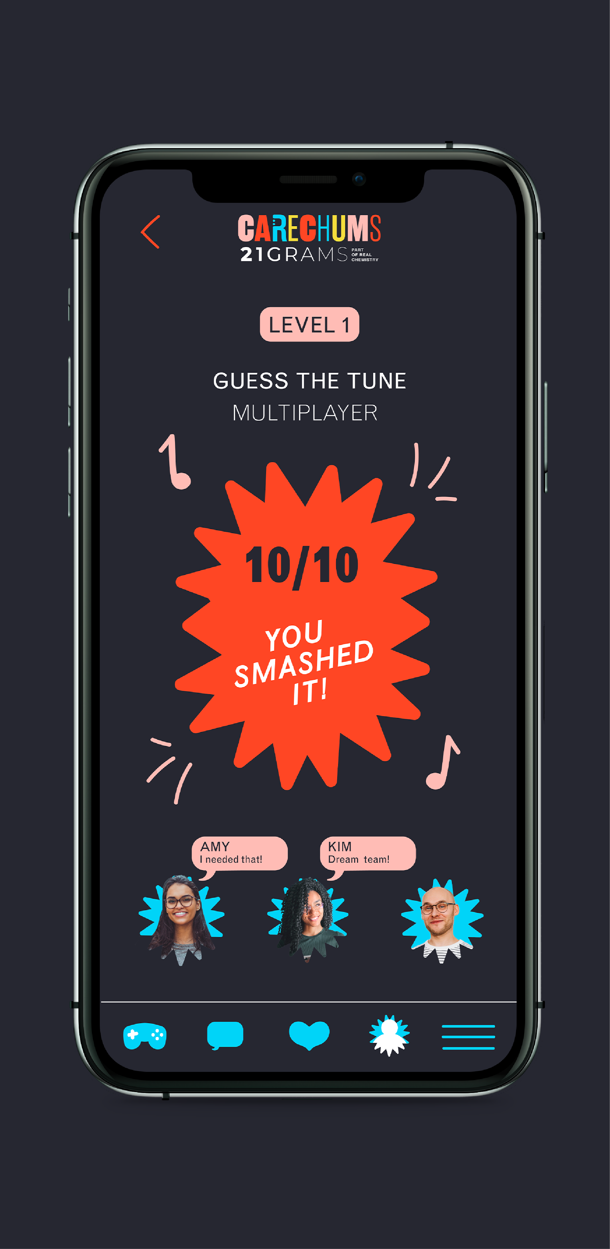 Carechums App Mock up of a phone featuring a page of an app