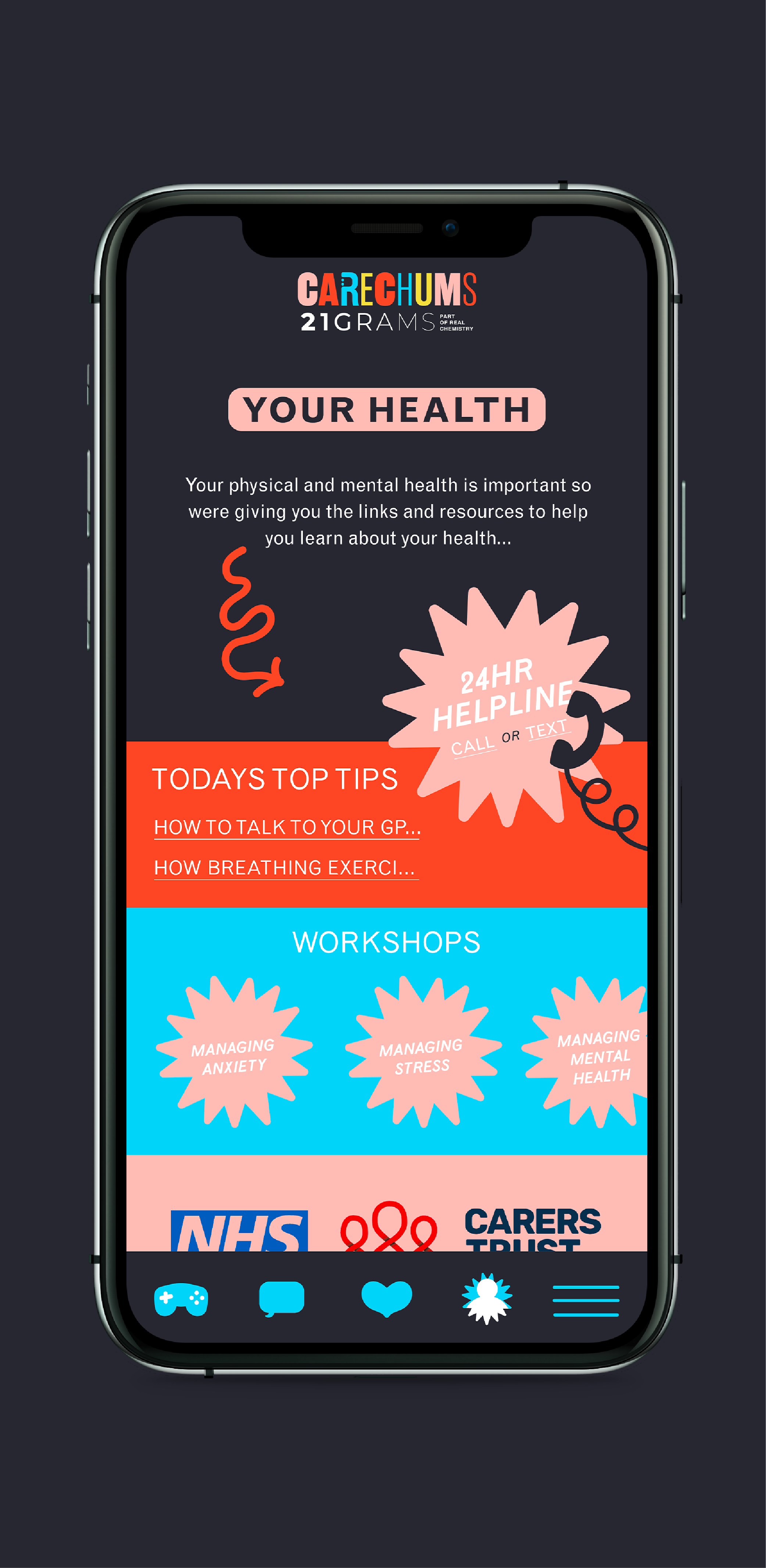 Carechums App Mock up of a phone featuring a page of an app