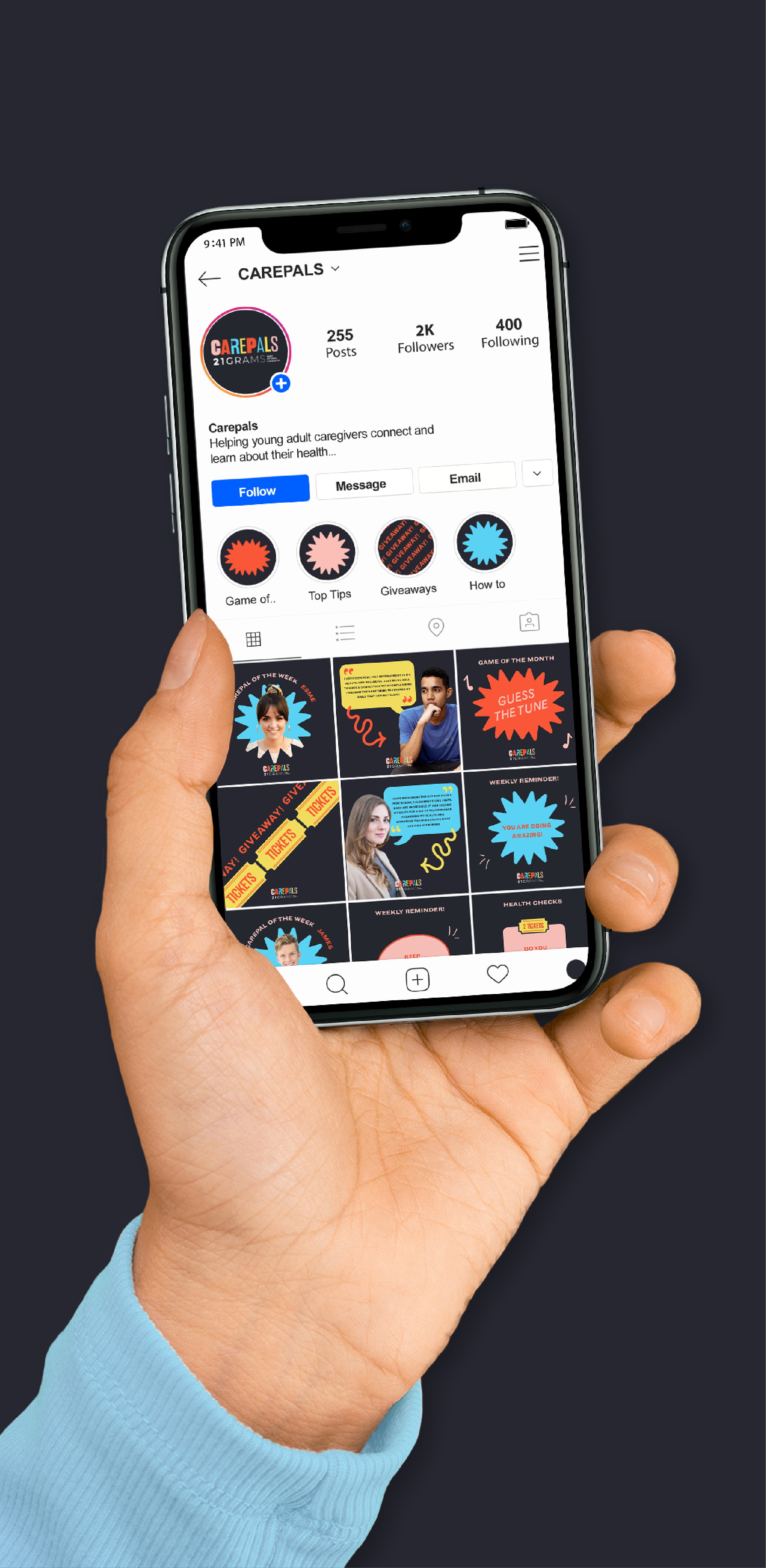 Carechums Social Media Mock up of a hand holding a phone featuring a social media page design