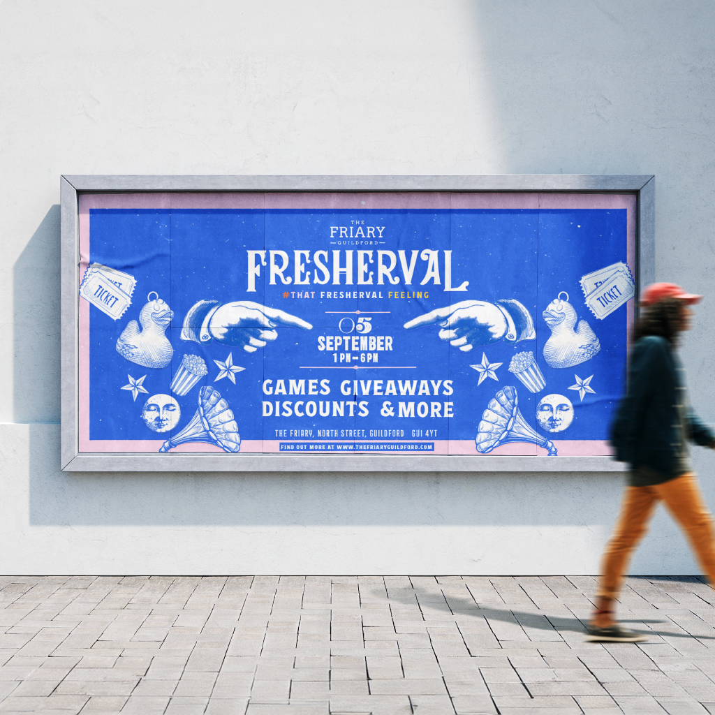 Mock up a high street advert featuring a freshers event poster
