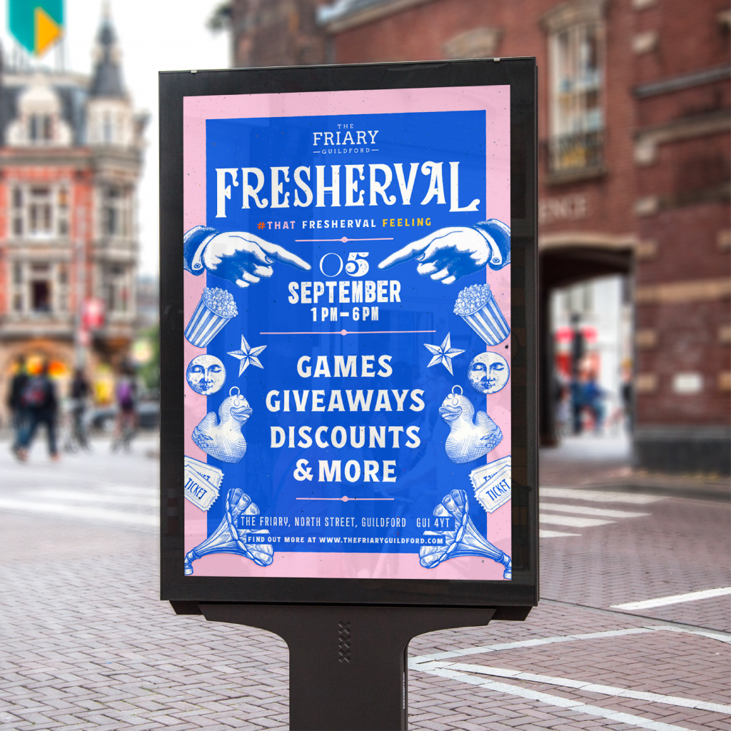 Mock up of a high street advert featuring a freshers event poster